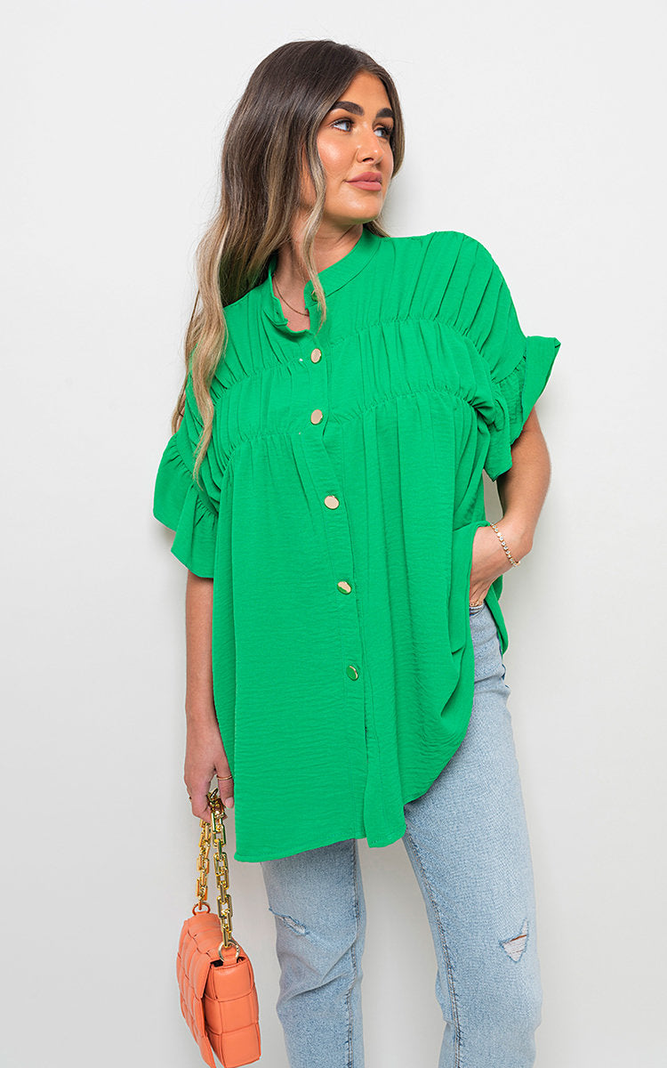 She Wears Glory™ Button Down Pleated Frill Tops