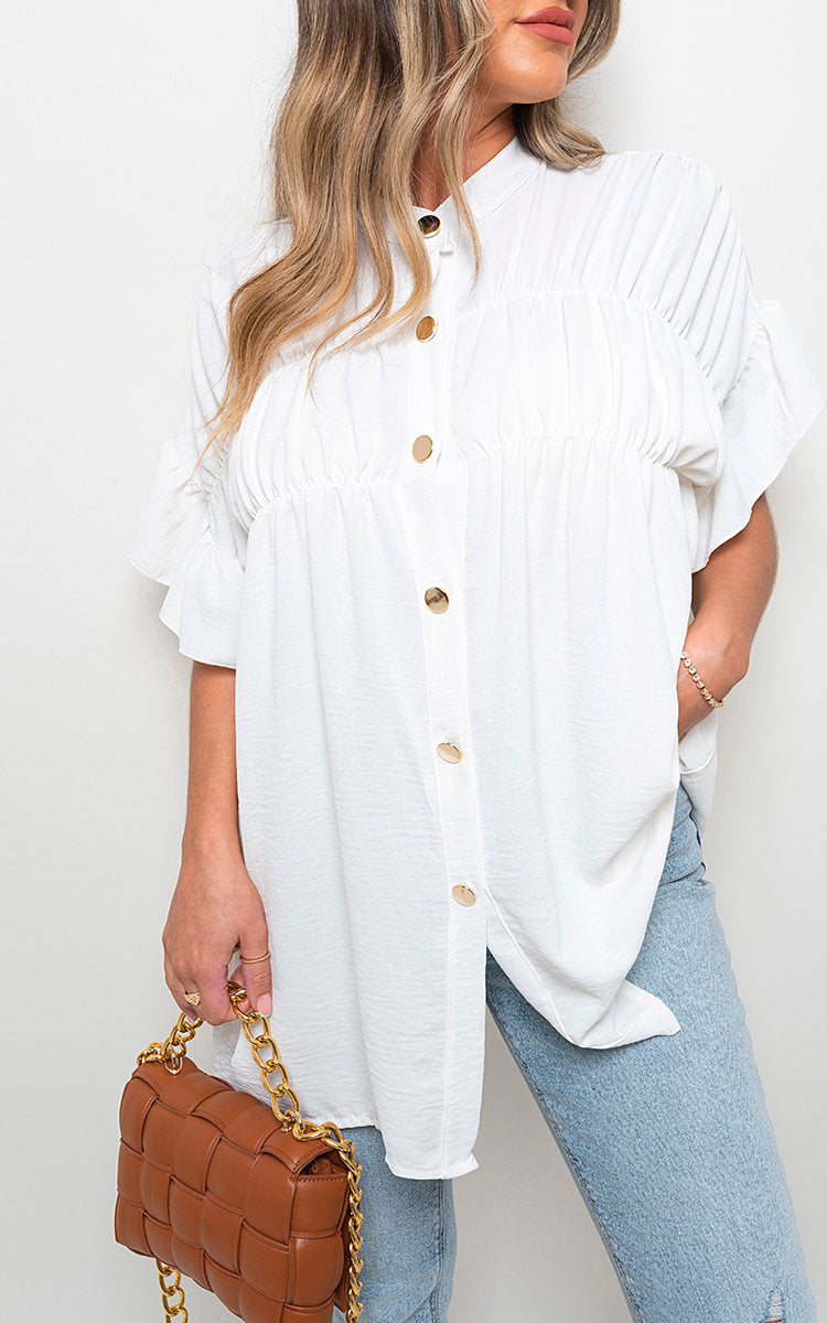 She Wears Glory™ Button Down Pleated Frill Tops