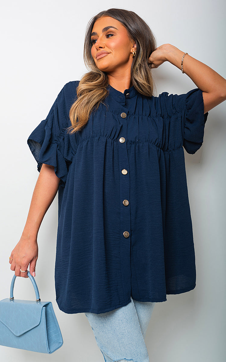 She Wears Glory™ Button Down Pleated Frill Tops