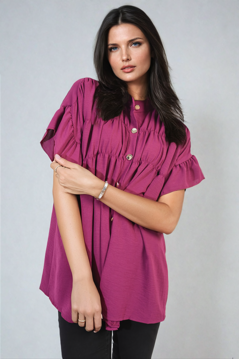 She Wears Glory™ Button Down Pleated Frill Tops
