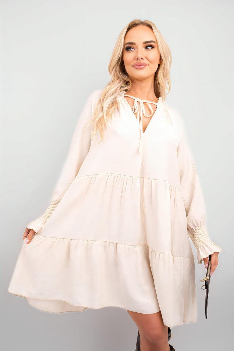 Long Sleeve Front Tie Tiered Mini Dress - She Wears Glory Beverly Hills