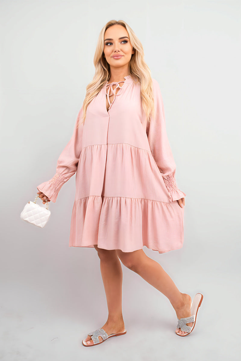 Long Sleeve Front Tie Tiered Mini Dress - She Wears Glory Beverly Hills