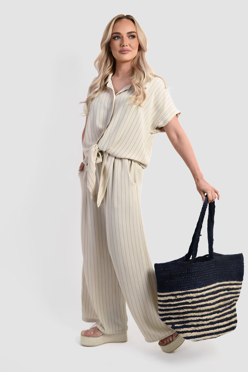 Striped Button Down Tie Front Top and Trouser Co-ord Set - She Wears Glory Beverly Hills