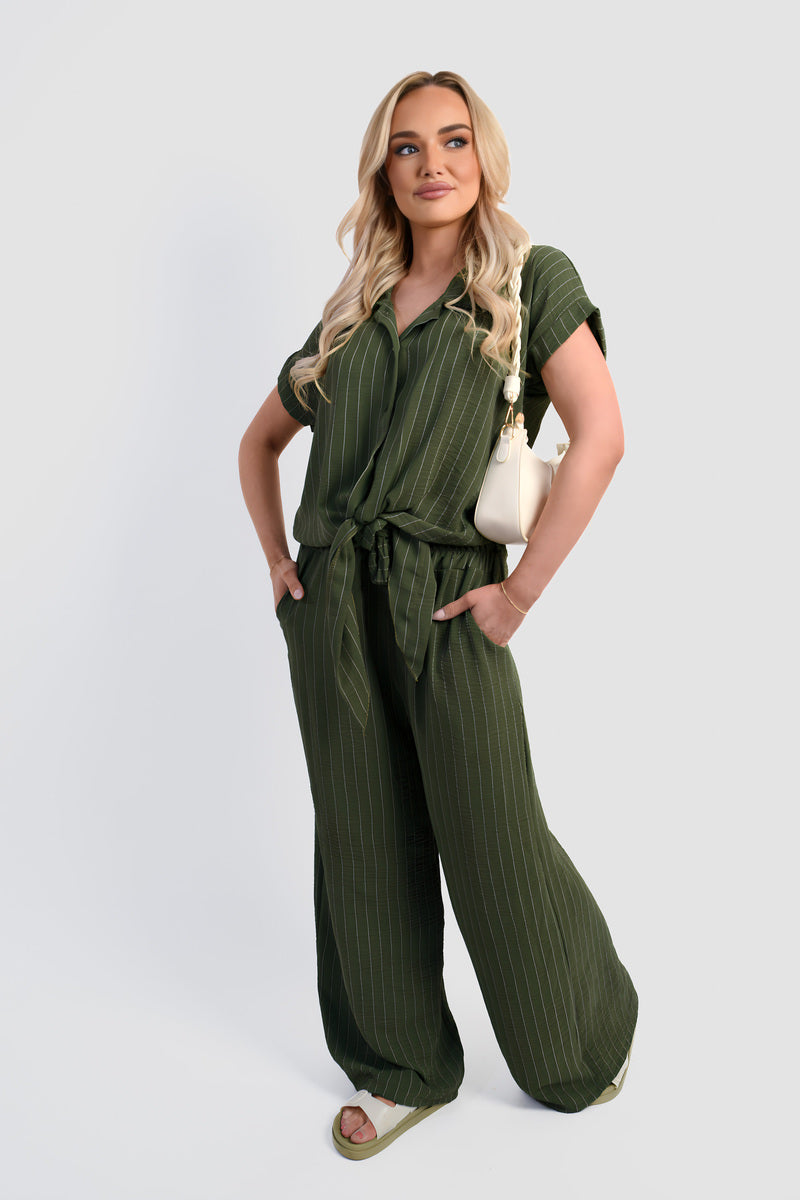 Striped Button Down Tie Front Top and Trouser Co-ord Set - She Wears Glory Beverly Hills