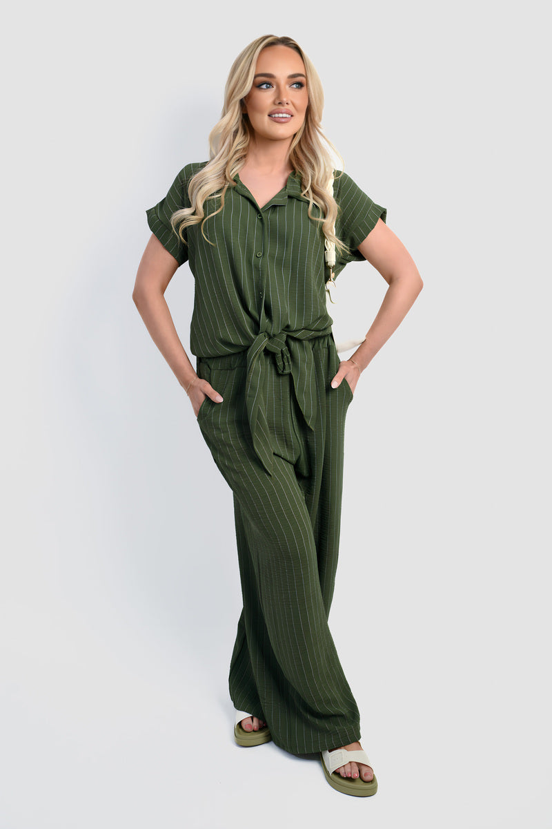 Striped Button Down Tie Front Top and Trouser Co-ord Set - She Wears Glory Beverly Hills