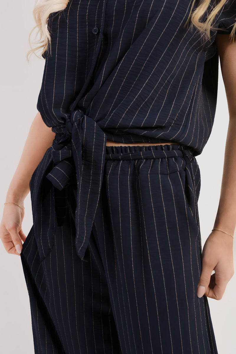 Striped Button Down Tie Front Top and Trouser Co-ord Set - She Wears Glory Beverly Hills