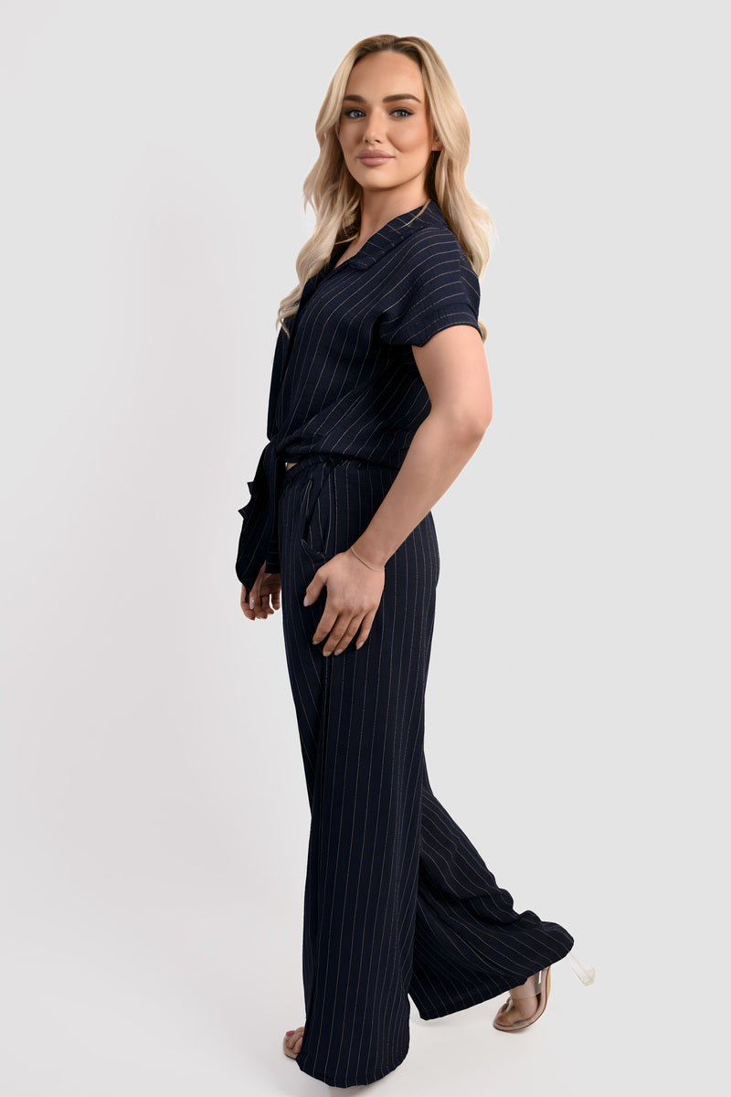 Striped Button Down Tie Front Top and Trouser Co-ord Set - She Wears Glory Beverly Hills