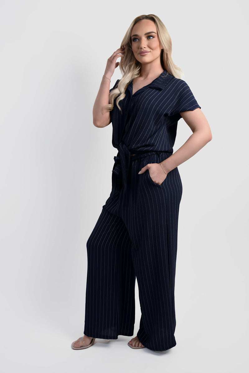 Striped Button Down Tie Front Top and Trouser Co-ord Set - She Wears Glory Beverly Hills