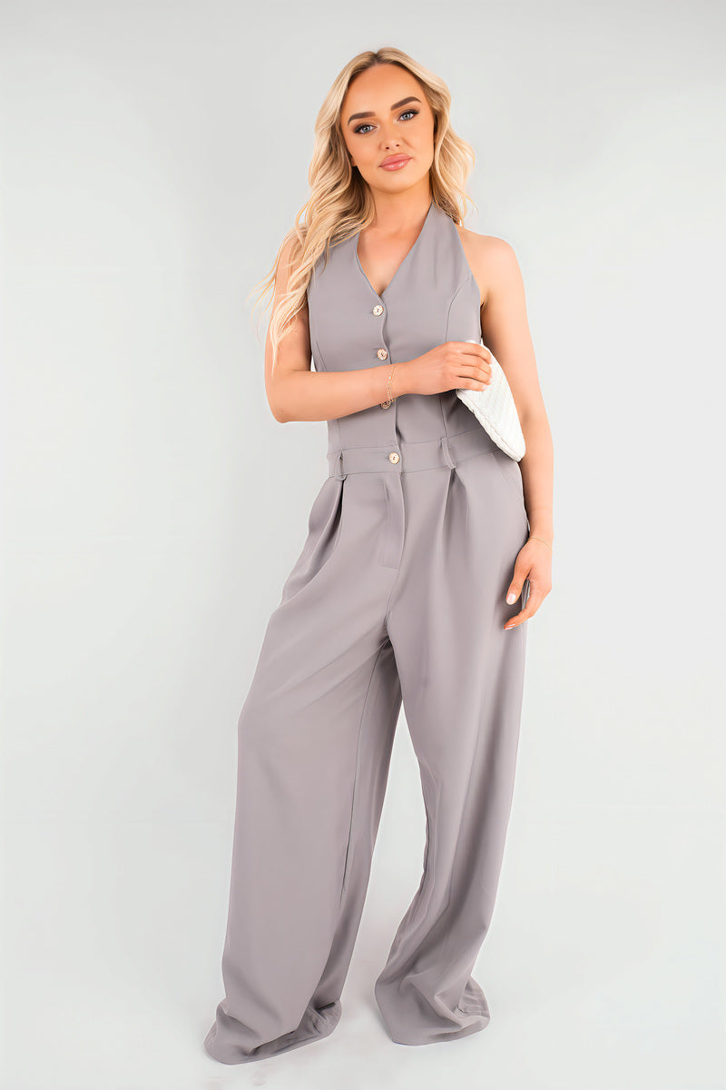 V-Neck Sleeveless Button Front Detail Jumpsuit - She Wears Glory Beverly Hills