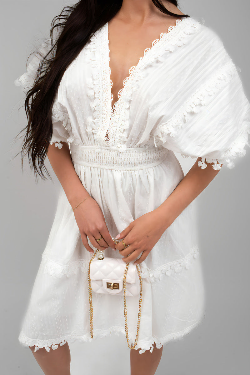 Short Sleeve Deep V-Neck Mini Dress with Open Back and Lace Trim - She Wears Glory Beverly Hills