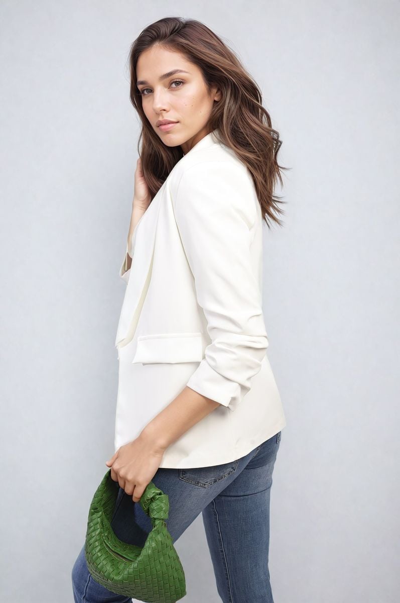 She Wears Glory™ Ruched Sleeve Open Front Blazer Jacket with Front Pockets