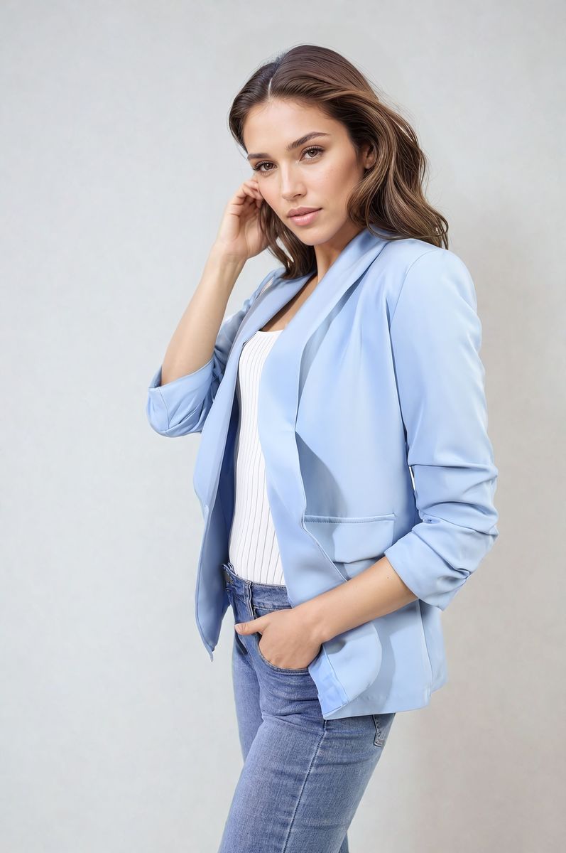 She Wears Glory™ Ruched Sleeve Open Front Blazer Jacket with Front Pockets