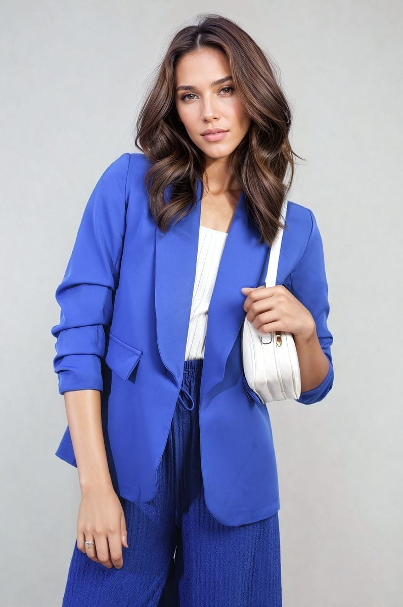 She Wears Glory™ Ruched Sleeve Open Front Blazer Jacket with Front Pockets
