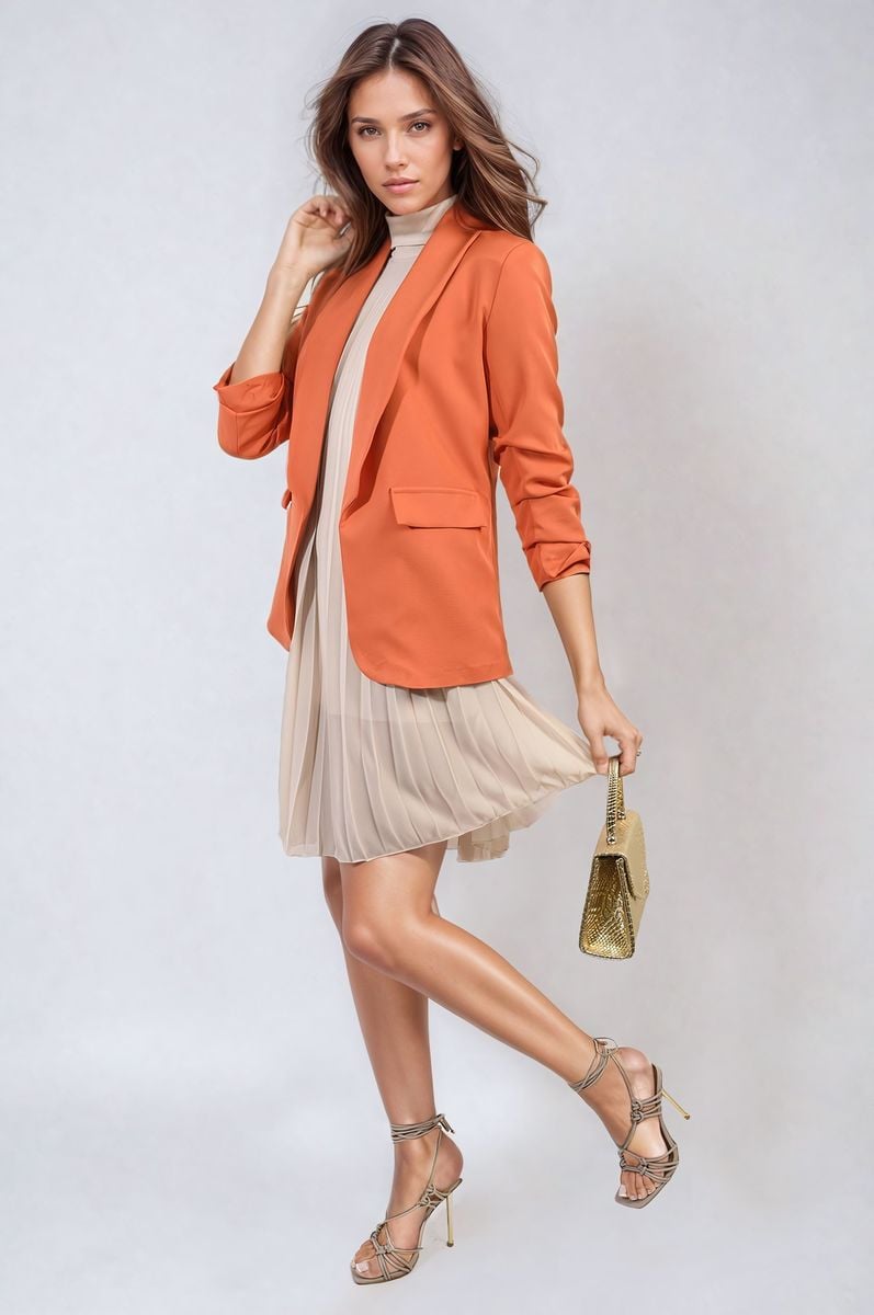She Wears Glory™ Ruched Sleeve Open Front Blazer Jacket with Front Pockets