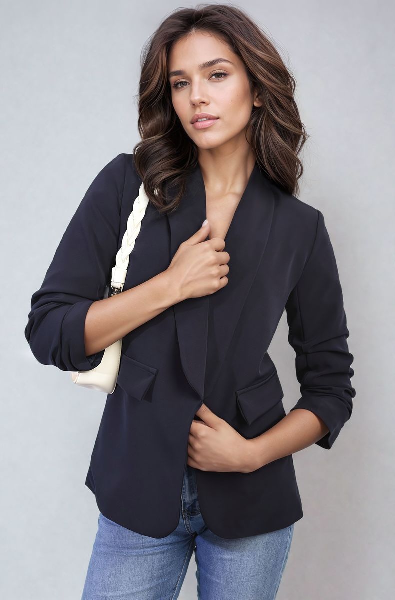 She Wears Glory™ Ruched Sleeve Open Front Blazer Jacket with Front Pockets