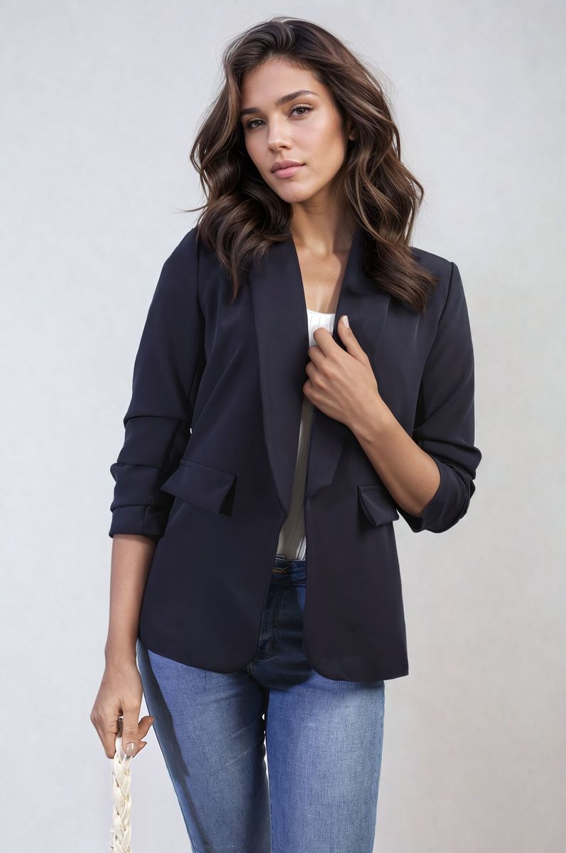 She Wears Glory™ Ruched Sleeve Open Front Blazer Jacket with Front Pockets