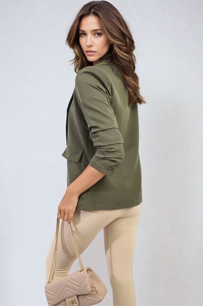 She Wears Glory™ Ruched Sleeve Open Front Blazer Jacket with Front Pockets