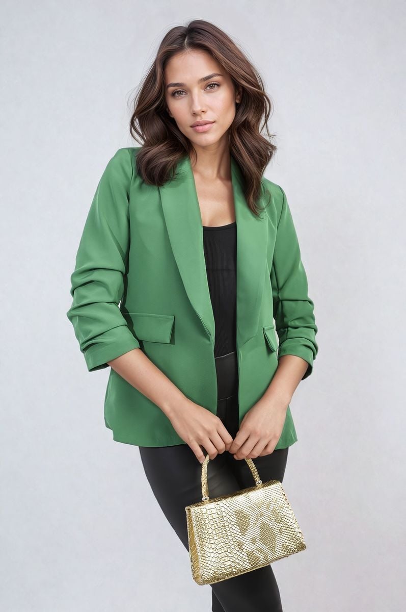 She Wears Glory™ Ruched Sleeve Open Front Blazer Jacket with Front Pockets