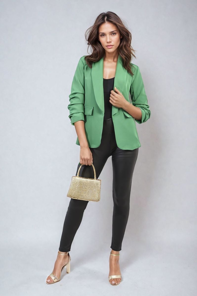She Wears Glory™ Ruched Sleeve Open Front Blazer Jacket with Front Pockets