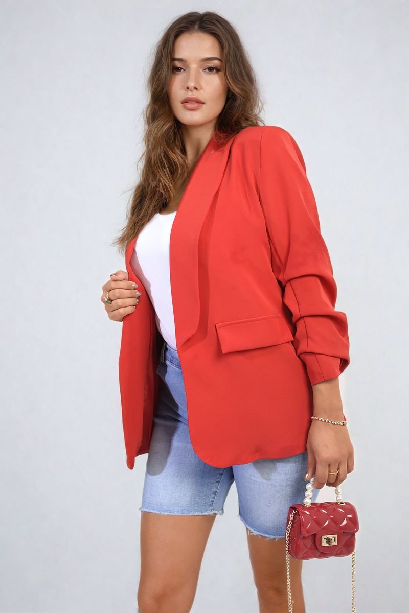 She Wears Glory™ Ruched Sleeve Open Front Blazer Jacket with Front Pockets