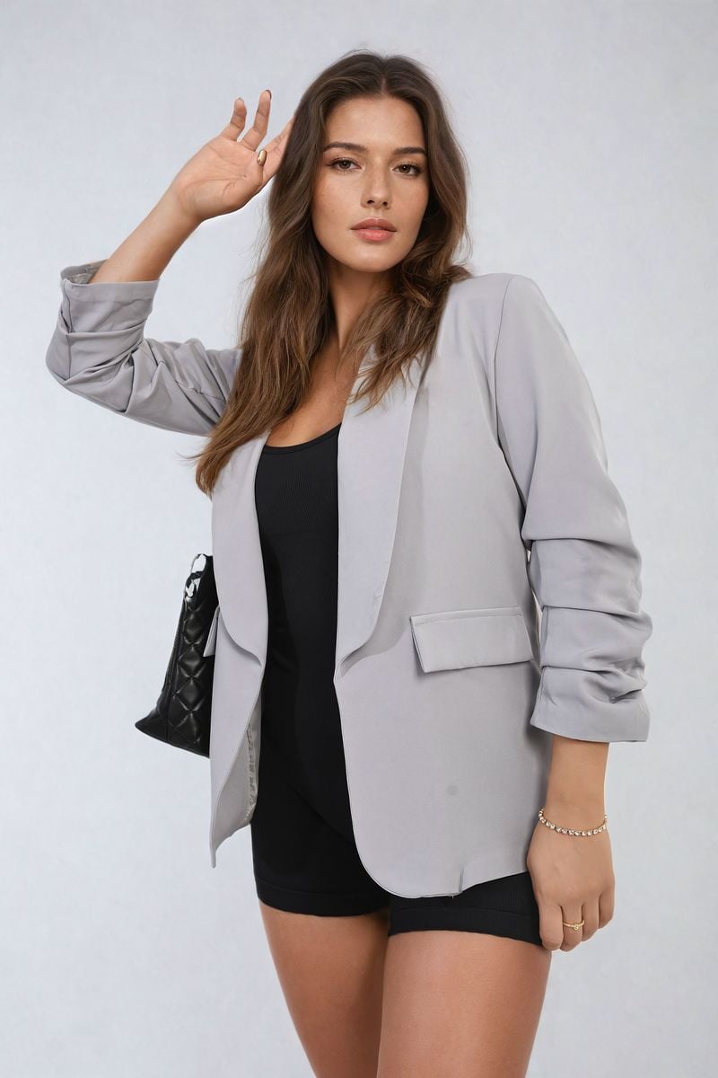 She Wears Glory™ Ruched Sleeve Open Front Blazer Jacket with Front Pockets