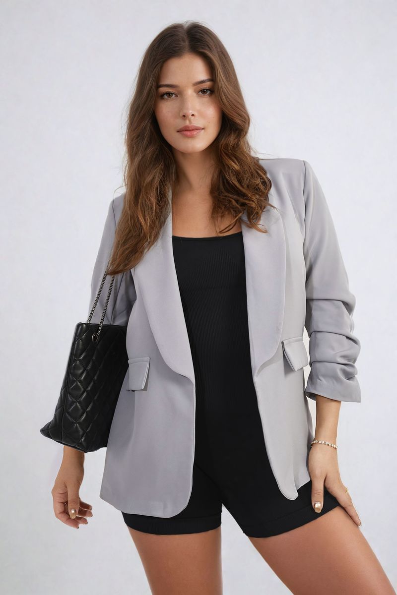She Wears Glory™ Ruched Sleeve Open Front Blazer Jacket with Front Pockets