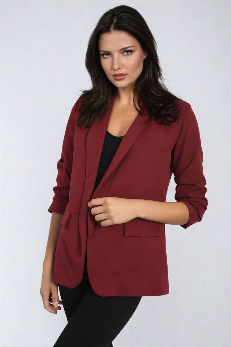 She Wears Glory™ Ruched Sleeve Open Front Blazer Jacket with Front Pockets