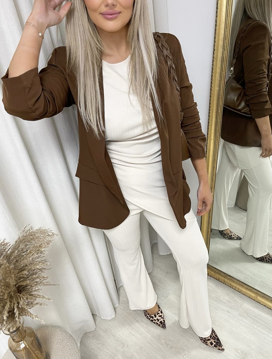 She Wears Glory™ Ruched Sleeve Open Front Blazer Jacket with Front Pockets