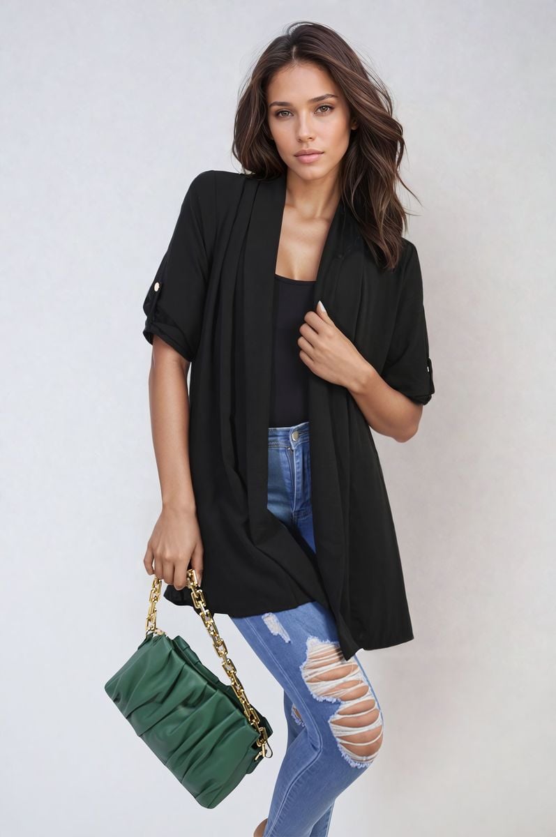 She Wears Glory™ Open Front Roll Up Sleeve Cardigan