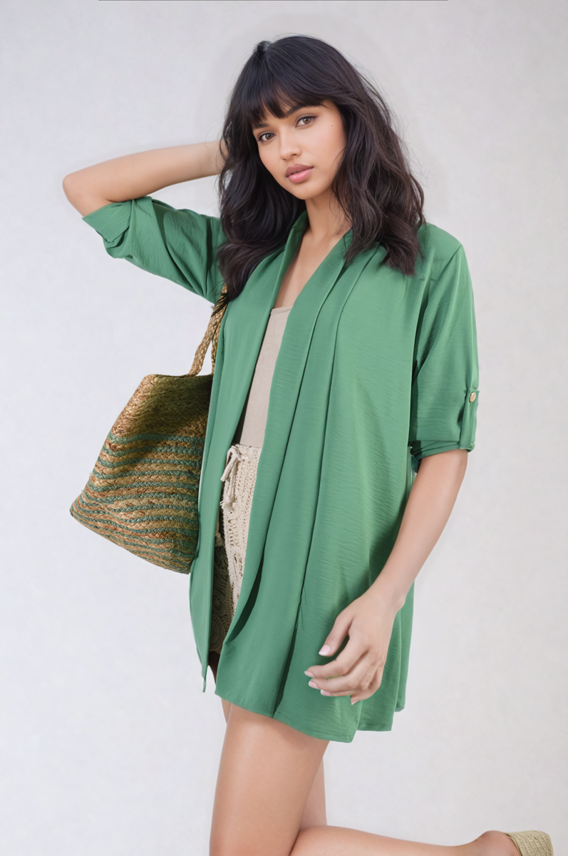 She Wears Glory™ Open Front Roll Up Sleeve Cardigan