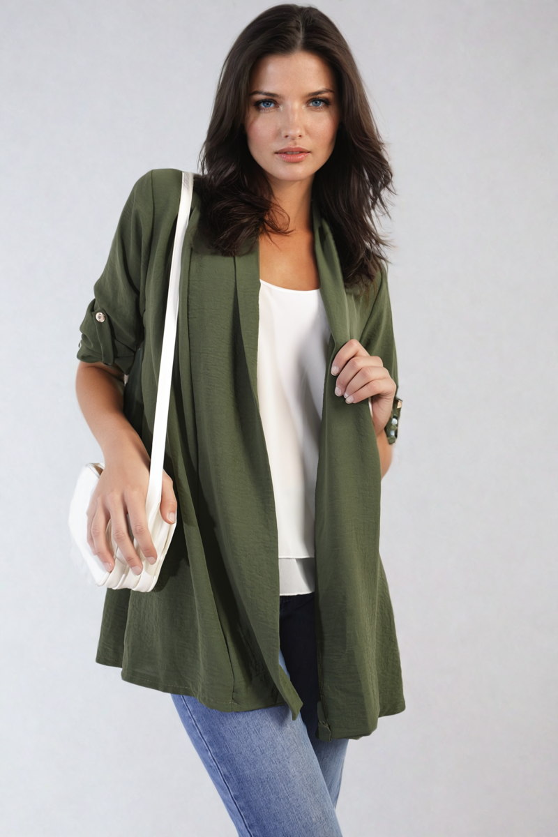 She Wears Glory™ Open Front Roll Up Sleeve Cardigan