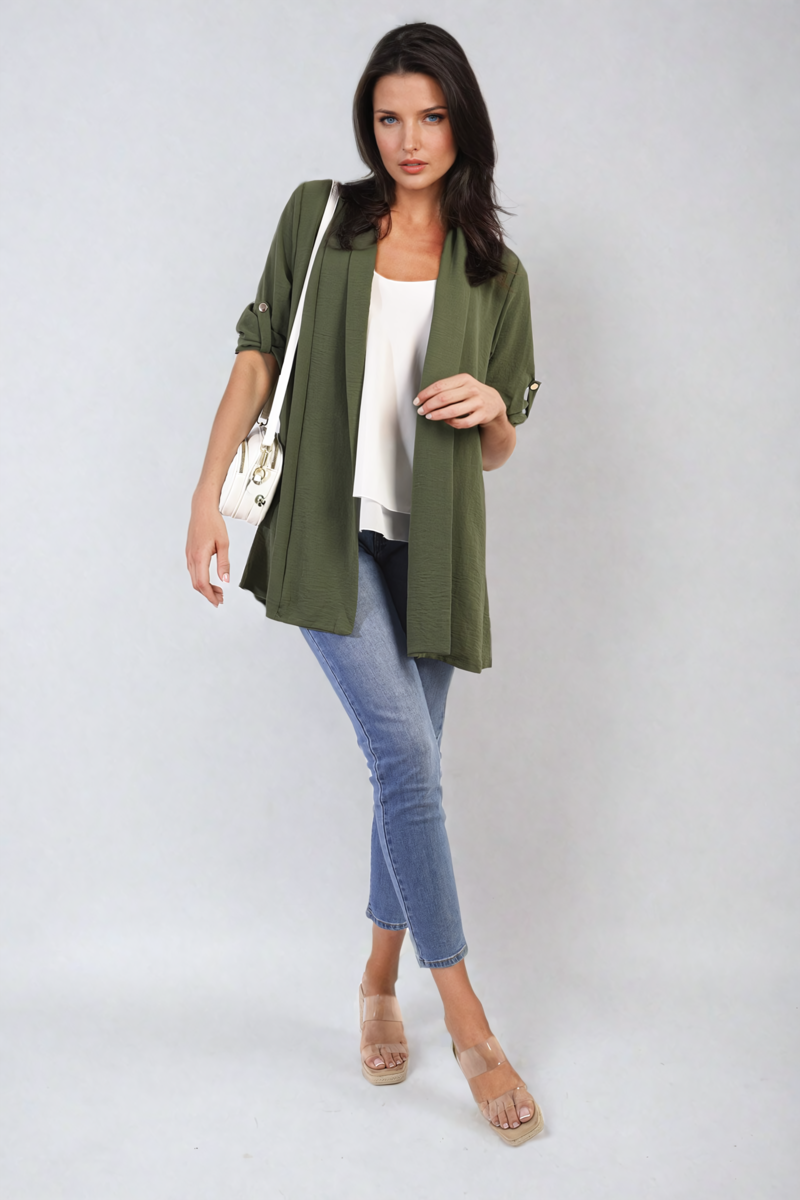 She Wears Glory™ Open Front Roll Up Sleeve Cardigan
