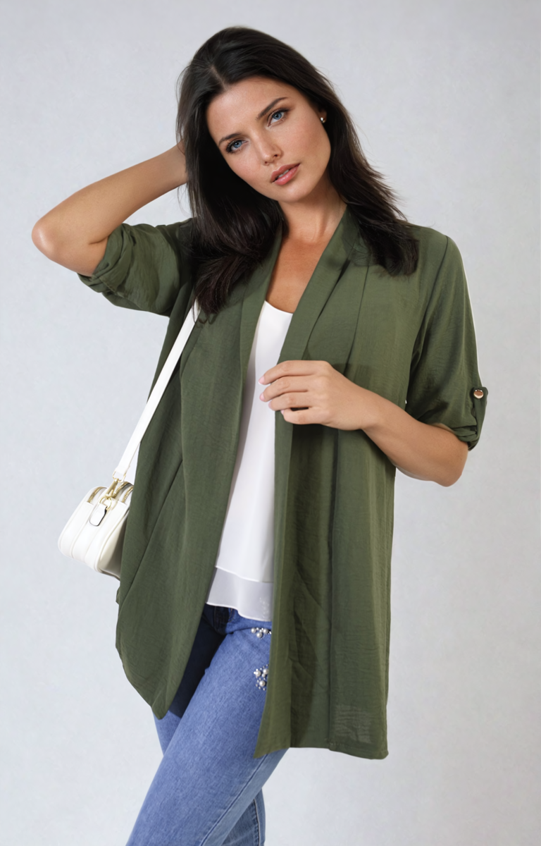 She Wears Glory™ Open Front Roll Up Sleeve Cardigan