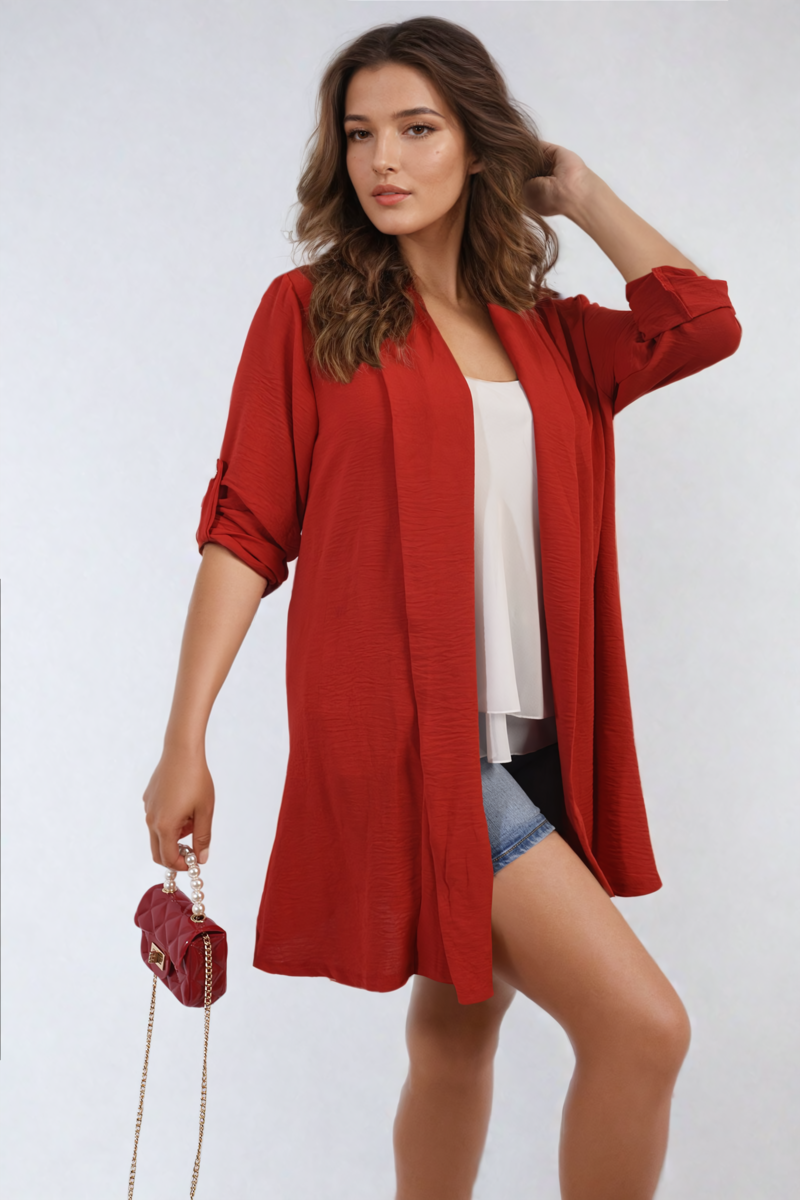 She Wears Glory™ Open Front Roll Up Sleeve Cardigan