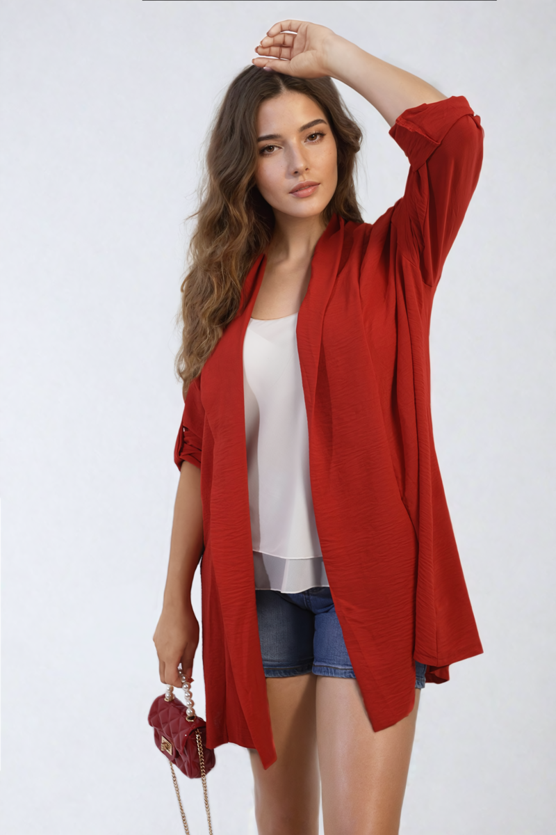 She Wears Glory™ Open Front Roll Up Sleeve Cardigan