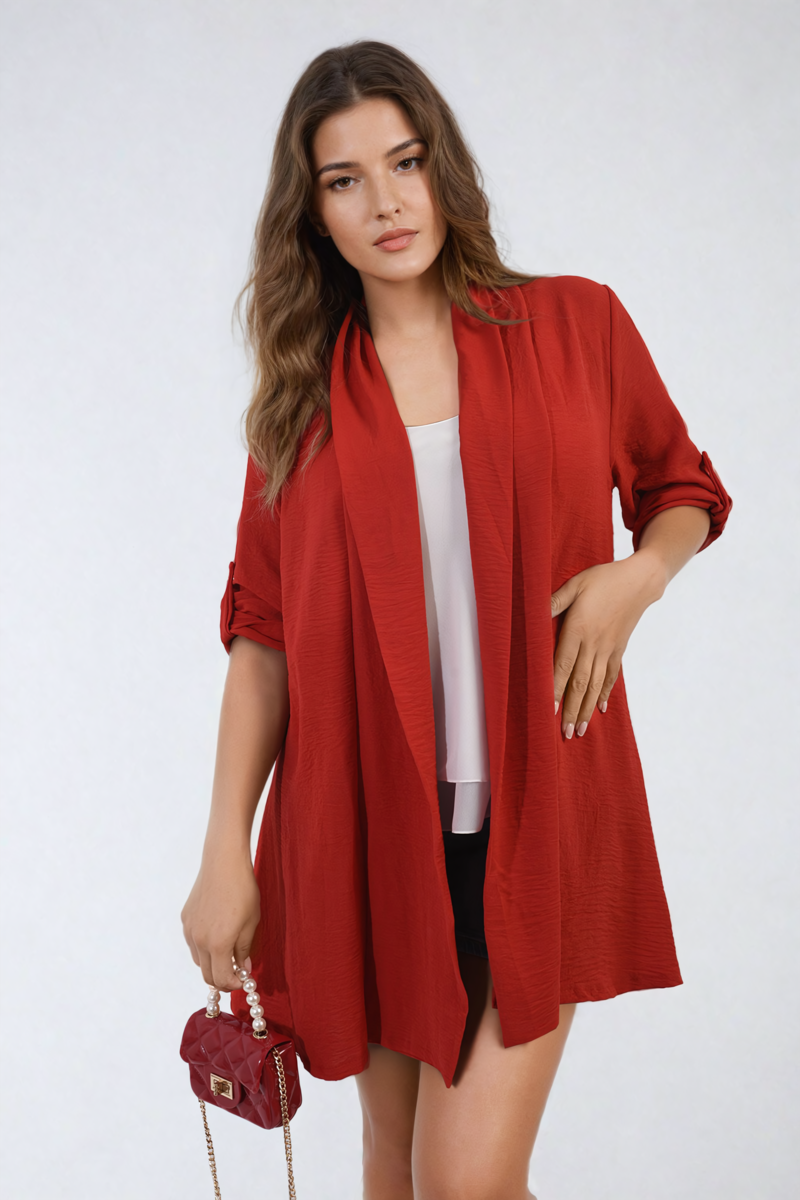 She Wears Glory™ Open Front Roll Up Sleeve Cardigan