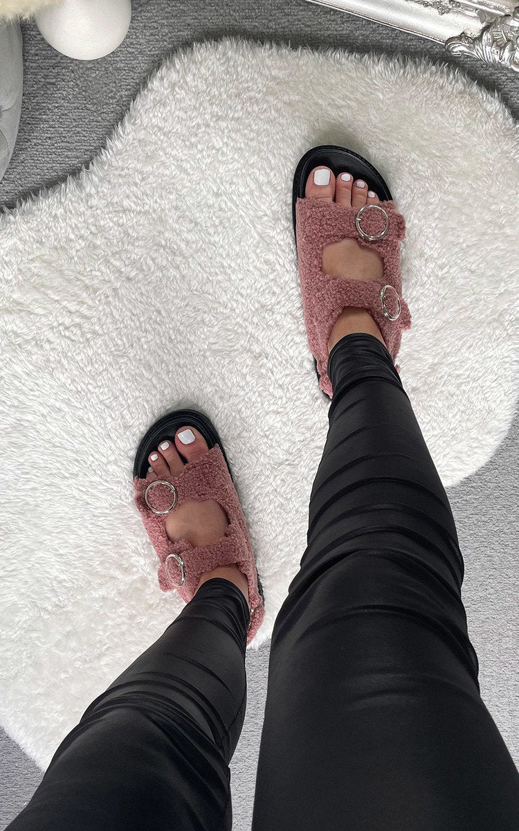 She Wears Glory™ Faux Fur Double Buckle Sliders