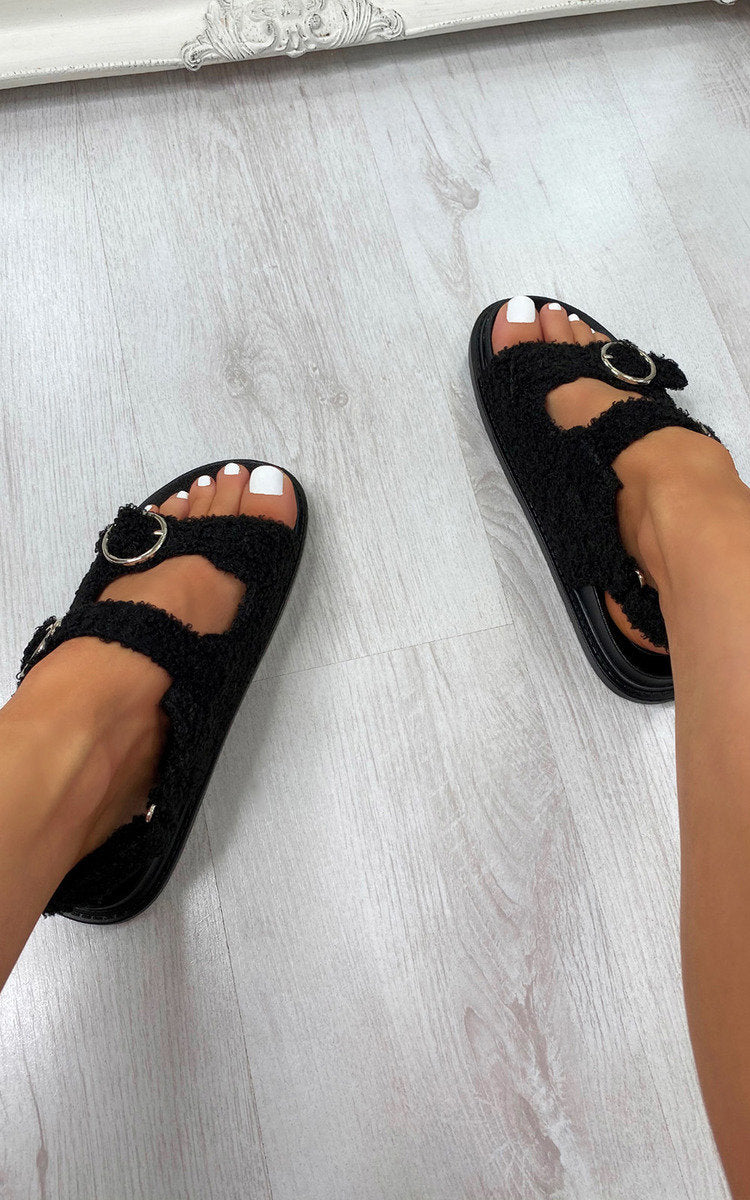 She Wears Glory™ Faux Fur Double Buckle Sliders