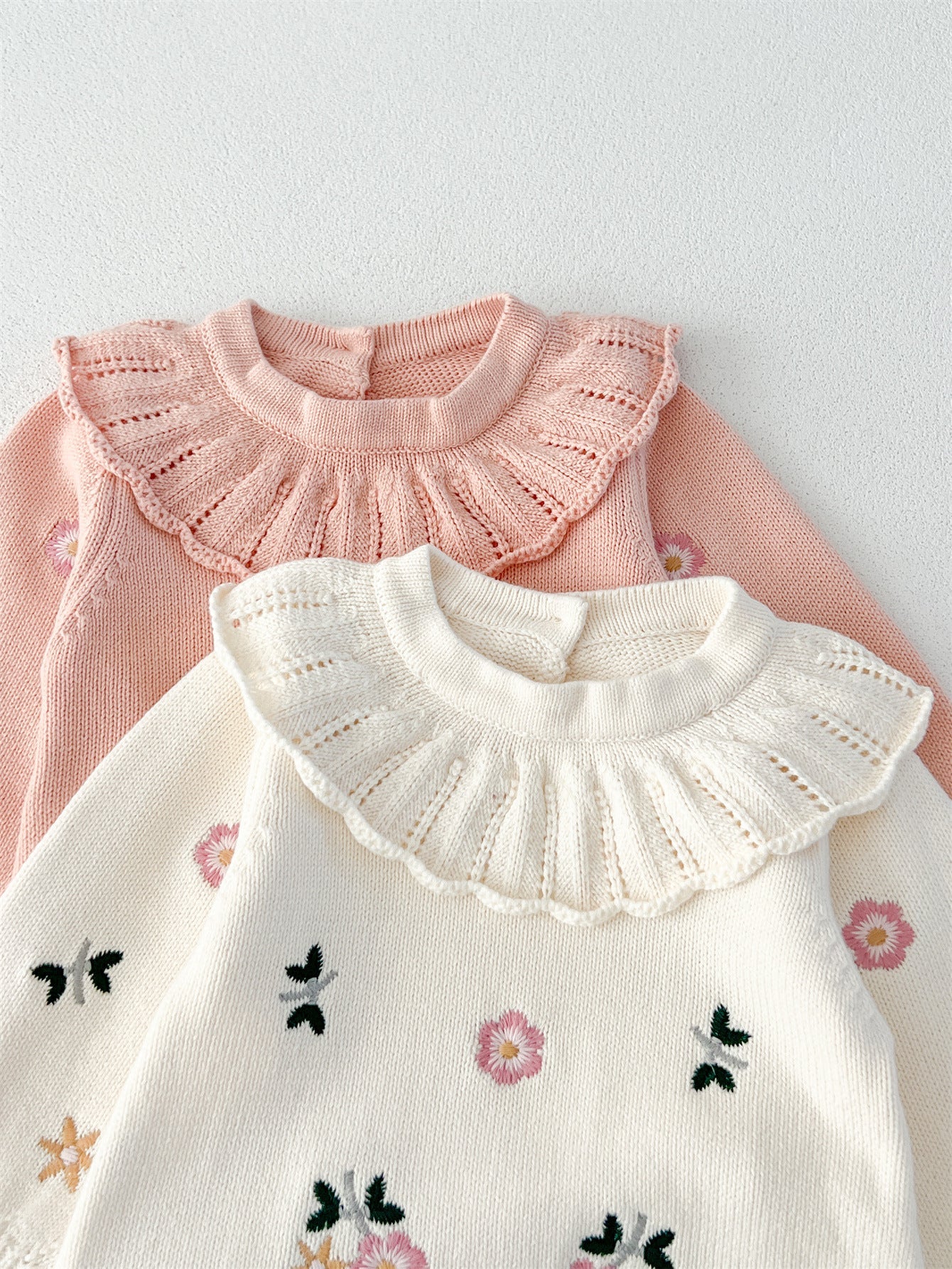 Autumn New Arrival Baby Girls Flowers and Butterfly Embroidery Pattern Long Sleeves Onesies with Collar-4