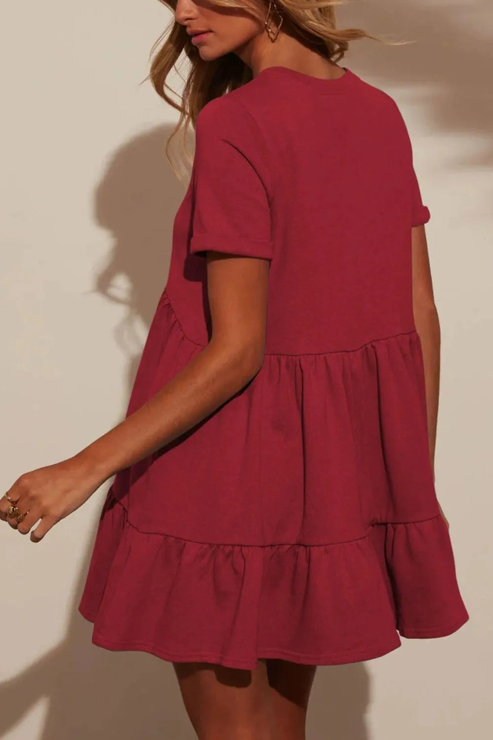 She Wears Glory™ Tiered Round Neck Short Sleeve Mini Dress - She Wears Glory Beverly Hills