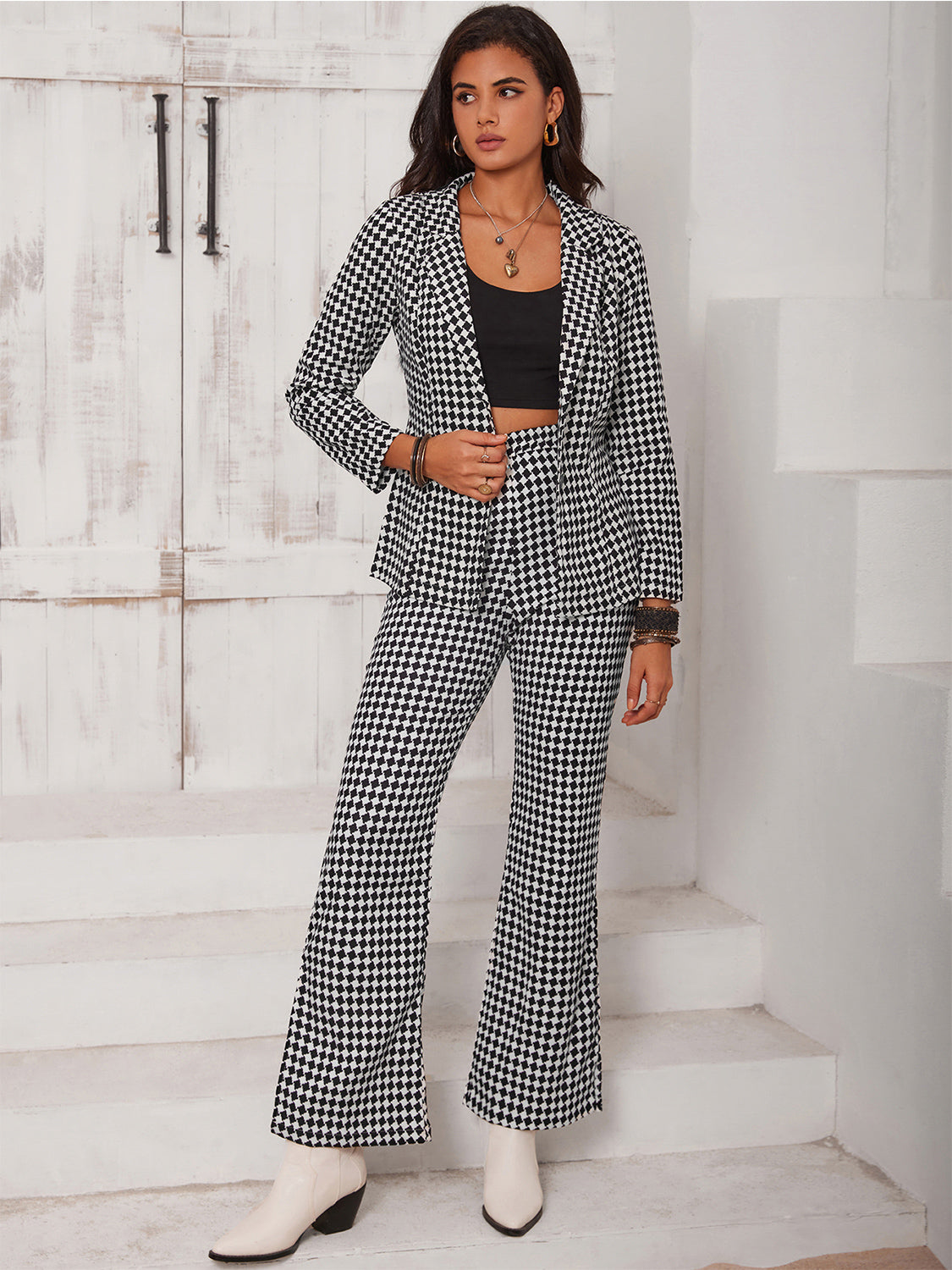 She Wears Glory “Discernment in Detail” Checkered Blazer & Slit Pants Set - She Wears Glory Beverly Hills