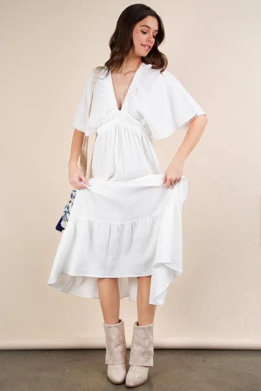 She Wears Glory™ Mineral Washed Elastic Neck Detail Midi Dress - She Wears Glory Beverly Hills