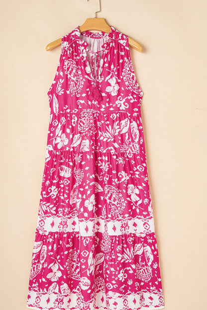 She Wears Glory “Daughter of the Dawn” Tasseled Tie-Neck Floral Tiered Midi Dress - She Wears Glory Beverly Hills