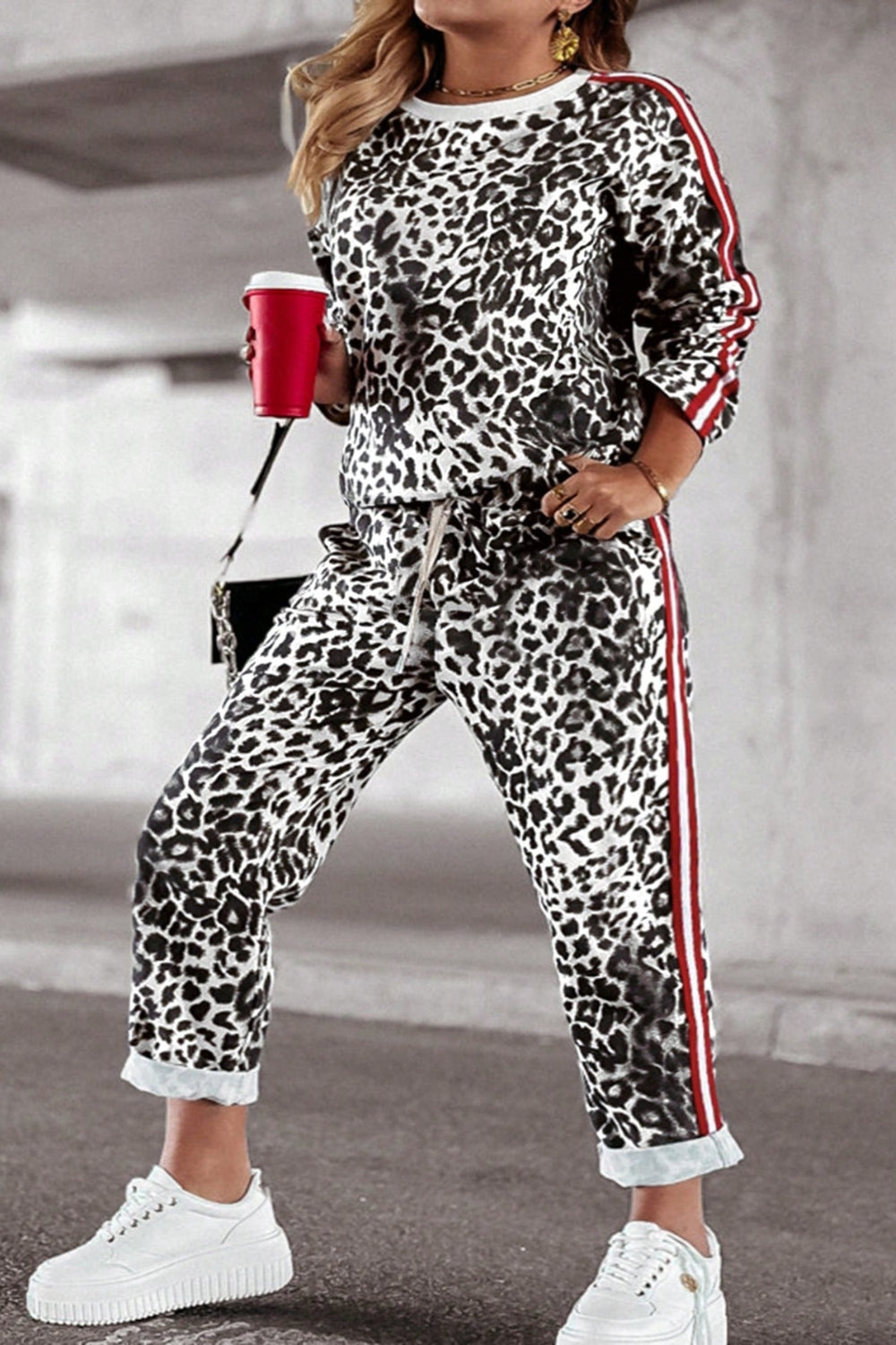 She Wears Glory™ “Fearless Radiance” Plus Size Leopard Round Neck Top and Pants Set - She Wears Glory Beverly Hills