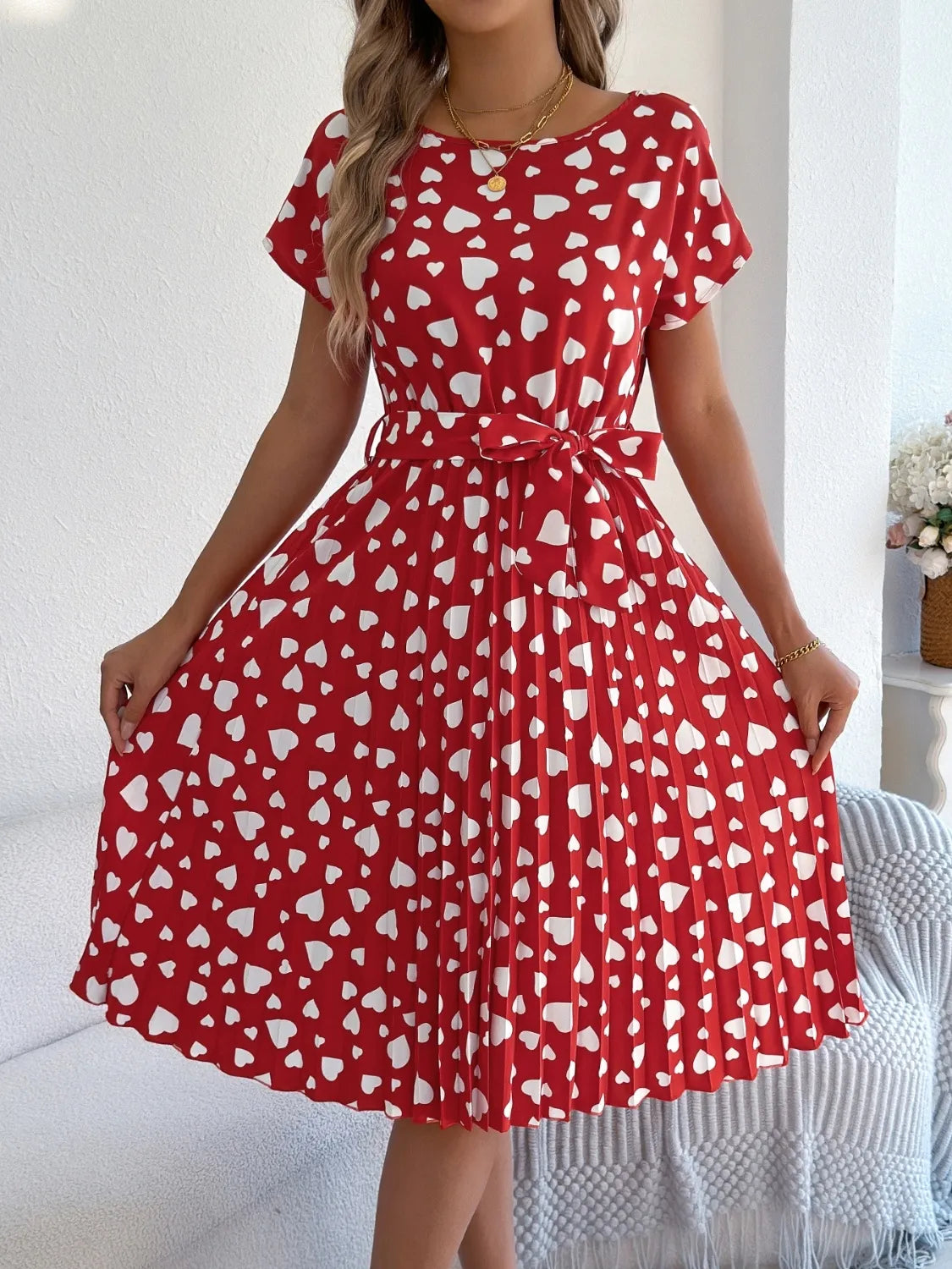 She Wears Glory™ “Hearts Set Apart” Tie-Waist Pleated Dress - She Wears Glory Beverly Hills