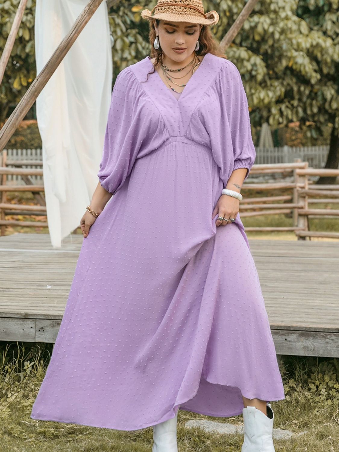 She Wears Glory™ “Silent Grace” Swiss Dot V-Neck Midi Dress - She Wears Glory Beverly Hills