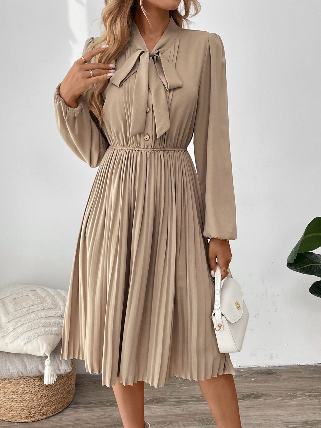 She Wears Glory™ – The Adorned Mantle Dress (Pleated Tie-Neck Long Sleeve Dress) - She Wears Glory Beverly Hills