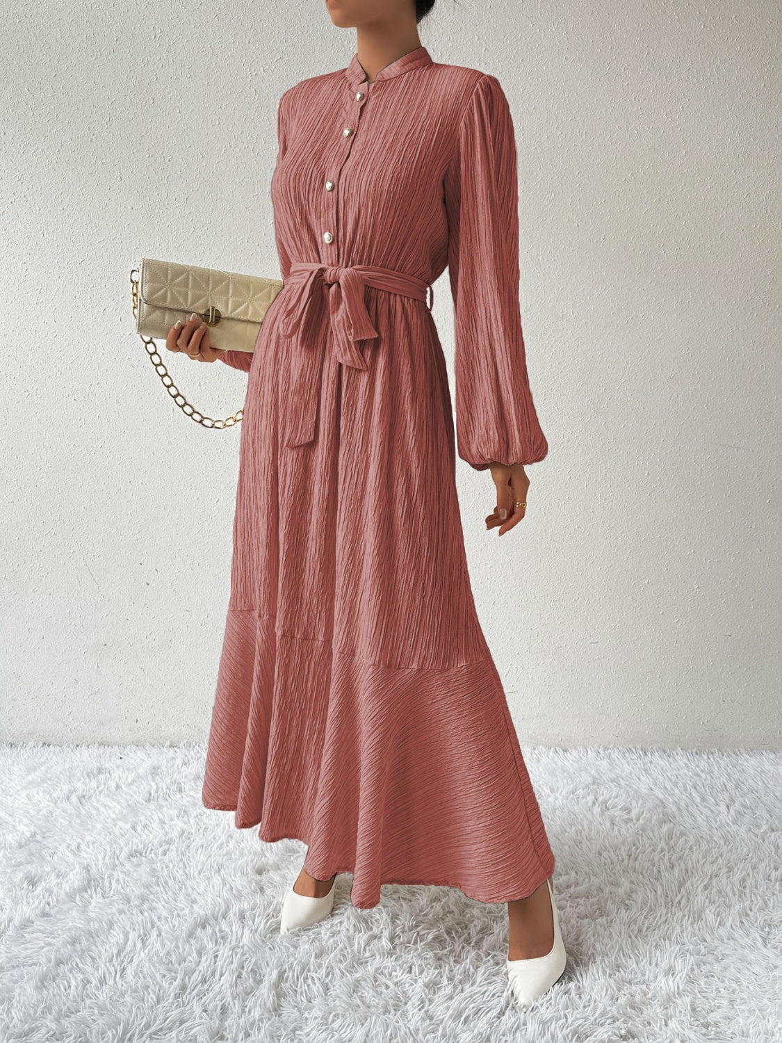 She Wears Glory™ “Honeyed Honor” Tie Waist Long Sleeve Dress - She Wears Glory Beverly Hills