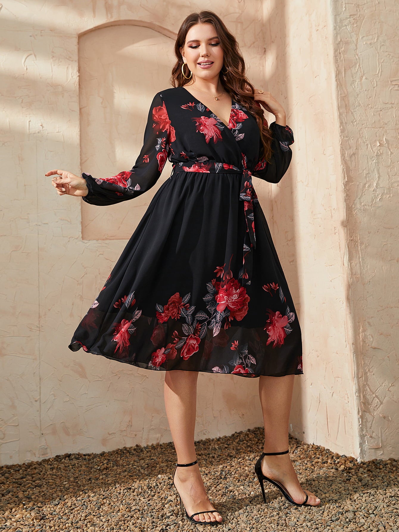 She Wears Glory™ “Radiant Rejoice” Plus Size Floral Surplice Midi Dress - She Wears Glory Beverly Hills