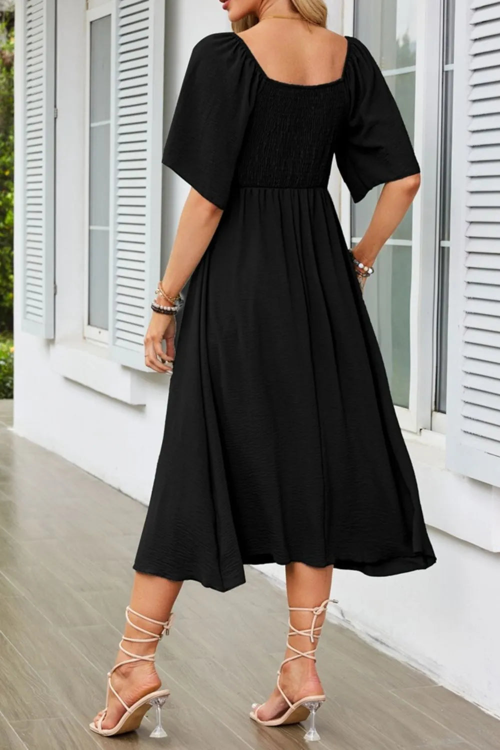 Smocked Tie Front Flutter Sleeve Midi Dress - She Wears Glory Beverly Hills